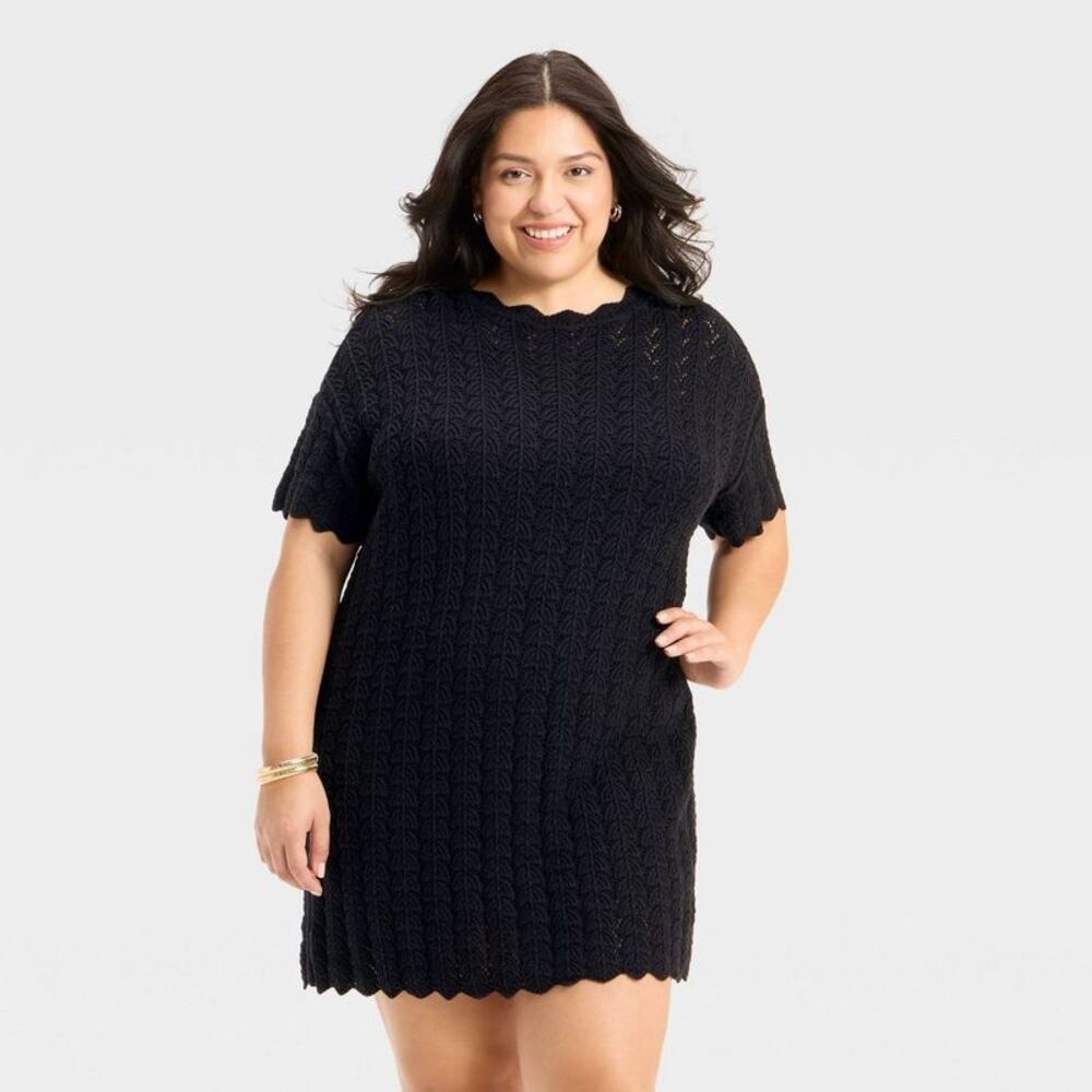 Women's Short Sleeve Pointelle Mini Sweater Dress - A New Day Black XXL